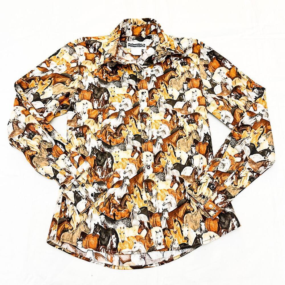 Panhandle Slim Horse Print Western Wear Button Down Long Sleeve Shirt Size Small